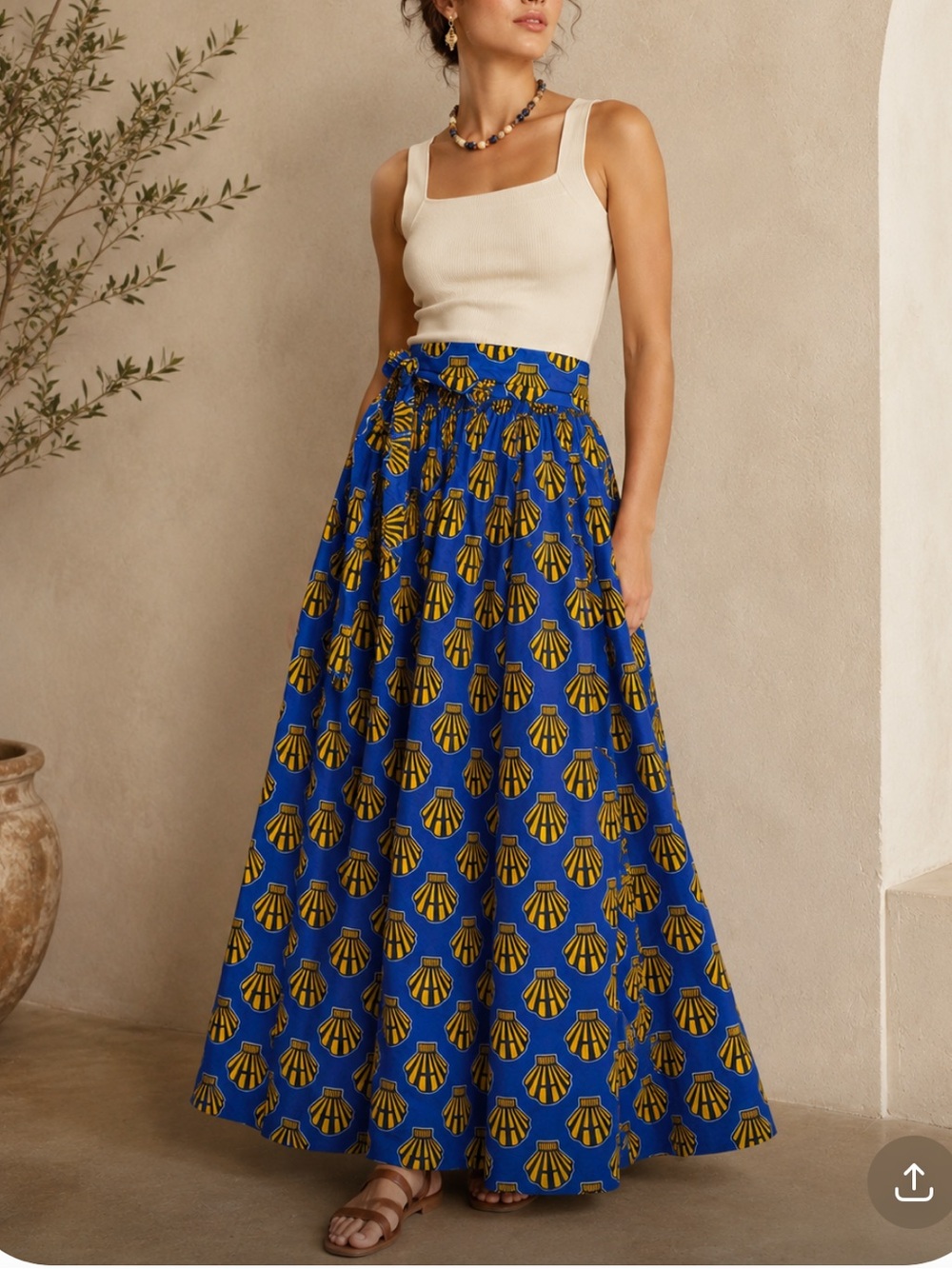 100% COTTON MADE IN INDIA Shell Print Blue Yellow Maxi Skirt Vacation Resortwear